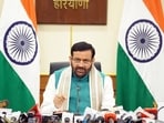 Haryana chief minister Nayab Singh Saini during the cabinet meeting on Monday. (File)