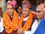 Himachal Pradesh leader of opposition Jai Ram Thakur during celebration with BJP leaders on Monday.
