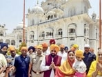 Punjab chief minister Bhagwant Mann along with his family during his visit to Takht Patna Sahib on Monday. (PTI)