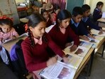 Students studying in classes in government school with story, Shimla on Saturday, May 06 2023. (HT File)