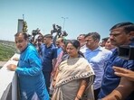 Union Minister for Road Transport and Highways Nitin Gadkari along with Delhi Chief Minister Rekha Gupta during the inspection of the Delhi–Mumbai Expressway stretch from DND Maharani Bagh to Jaitpur. (Sanchit Khanna/HT Photo)