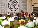West Bengal former chief minister and TMC supremo Mamata Banerjee and TMC MP Abhishek Banerjee hold a meeting with the party's MLAs at Kalighat in Kolkata on Tuesday. (@AITCofficial X/via ANI)