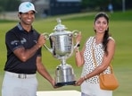 Indian-origin golfer Aaron Rai lifted the Wanamaker Trophy alongside wife Gaurika Bishnoi Indian-origin golfer Aaron Rai lifted the Wanamaker Trophy alongside wife Gaurika Bishnoi