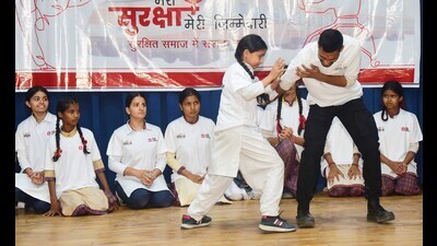 A player in action during the self defence training session in Ludhiana on Tuesday. (HT Photo)