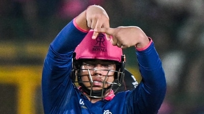 After completing fifty, Vaibhav Sooryavanshi followed it up with a composed celebration, forming an inverted V with a finger across it, possibly an “A”, as he soaked in the moment. (ANI Pic Service)