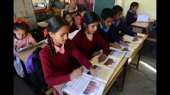 Students studying in classes in government school with story, Shimla on Saturday, May 06 2023. (HT File)