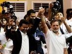 Tamilaga Vettri Kazhagam (TVK) Chief C. Joseph Vijay and Lok Sabha Leader of Opposition and Congress MP Rahul Gandhi at Vijay's oath ceremony on May 10. 