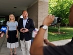 Kentucky US Senate candidate Rep. Andy Barr (R-KY) alongside wife Davis Barr speaks to media after casting his primary ballot at Centenary Church on May 19, 2026 in Lexington, Kentucky.