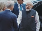 India's Prime Minister Narendra Modi is welcomed by Norway's Prime Minister Jonas Gahr Store