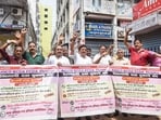 Chemists and Druggists Association members protest against unregulated practice and deep discounting by online players, in Patna, Bihar. Chemists and Druggists Association members protest against unregulated practice and deep discounting by online players, in Patna, Bihar.