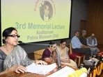Prof. Sunita Sharma delivering during 3rd Memorial Lecture on Professor Surendra Gopal at Patna Museum auditorium in Patna on Wednesday. (Santosh Kumar/HT)