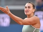 Belarus' Aryna Sabalenka reacts during her match against Romania's Sorana Cirstea during the WTA Rome Open tennis tournament 