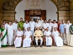 The newly appointed UDF council of ministers, led by CM VD Satheesan, with Kerala governor Rajendra Vishwanath Arlekar, after their swearing-in at Thiruvananthapuram on Monday. (ANI)
