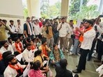 The protest by the Lucknow Mahanagar unit of ABVP at Lucknow University on Wednesday. (HT)