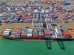 A cargo ship at a container port.