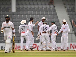 Bangladesh�s players celebrate after the dismissal of Pakistan�s Sajid Khan (L) during the fifth day of the second Test cricket match between Bangladesh and Pakistan at the Sylhet International Cricket Stadium in Sylhet on May 20, 2026. (Photo by MUNIR UZ ZAMAN / AFP)