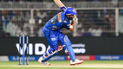 Rohit Sharma and Ryan Rickelton combined for a 148-run stand agaisnt KKR last time out, but none of that this time – KKR dominated the powerplay, taking four wickets including both openers with some great catching. (ANI Pic Service) Rohit Sharma and Ryan Rickelton combined for a 148-run stand agaisnt KKR last time out, but none of that this time – KKR dominated the powerplay, taking four wickets including both openers with some great catching. (ANI Pic Service)