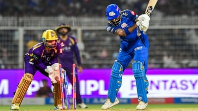 Tilak Varma struggled his way to 21(32), a poor innings where he never got off the ground. Hardik Pandya laid the groundwork for a counterattack, but was bowled by Narine, finishing on 26(27). (ANI Pic Service) Tilak Varma struggled his way to 21(32), a poor innings where he never got off the ground. Hardik Pandya laid the groundwork for a counterattack, but was bowled by Narine, finishing on 26(27). (ANI Pic Service)