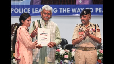 Jammu and Kashmir LG Manoj Sinha during the appointment letters presentation ceremony for newly recruited constables of J-K Police, in Jammu, Wednesday. (PTI) Jammu and Kashmir LG Manoj Sinha during the appointment letters presentation ceremony for newly recruited constables of J-K Police, in Jammu, Wednesday. (PTI)
