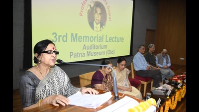 Prof. Sunita Sharma delivering during 3rd Memorial Lecture on Professor Surendra Gopal at Patna Museum auditorium in Patna on Wednesday. (Santosh Kumar/HT) Prof. Sunita Sharma delivering during 3rd Memorial Lecture on Professor Surendra Gopal at Patna Museum auditorium in Patna on Wednesday. (Santosh Kumar/HT)