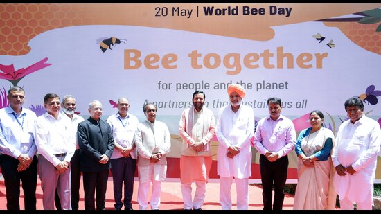 Haryana chief minister Nayab Singh Saini during an event on World Bee Day, in Panchkula on Wednesday. (@NayabSainiBJP X)