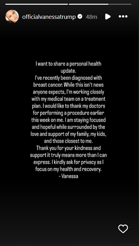 Vanessa Trump shares cancer diagnosis. Instagram story screenshot. (Instagram/officialvanessatrump)