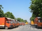A view of trucks parked at Transport Nagar in Noida’s Sector 67 on Thursday. (Sunil Ghosh/HT Photo)