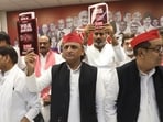 SP chief Akhilesh Yadav at the press conference in Lucknow on Wednesday. (HT)