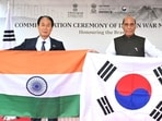 Union defence minister Rajnath Singh (right) with South Korean minister of patriots and veterans affairs Kwon Oh-eul. (Sourced)