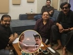 Lyricist Yatindra Mishra during a song writing session with Pritam, Priyadarshan and his assistant Abhilash Nair at Pritam Studio, Mumbai and (inset) a still from song O Ri O Sanwariya.