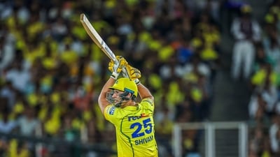 One bright spark on the night for CSK was Shivam Dube's batting, as he attacked from the off. His stay didn't last long, but as he hammered 47 from 17 with four fours and four sixes, he looked like the player CSK wanted all season. (ANI Pic Service) One bright spark on the night for CSK was Shivam Dube's batting, as he attacked from the off. His stay didn't last long, but as he hammered 47 from 17 with four fours and four sixes, he looked like the player CSK wanted all season. (ANI Pic Service)