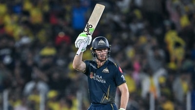 Jos Buttler stepped in with the platform laid and played his role to perfection. Aggressive from the off, Buttler hit 57*(27) with five fours and four sixes, enough to take GT to a very impressive 229/4. (AFP) Jos Buttler stepped in with the platform laid and played his role to perfection. Aggressive from the off, Buttler hit 57*(27) with five fours and four sixes, enough to take GT to a very impressive 229/4. (AFP)