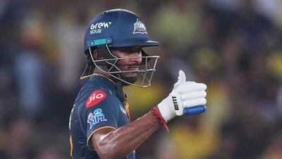 Gujarat Titans' Sai Sudharsan celebrates his half century against Chennai Super Kings in Ahmedabad. (AP Photo) Gujarat Titans' Sai Sudharsan celebrates his half century against Chennai Super Kings in Ahmedabad. (AP Photo)