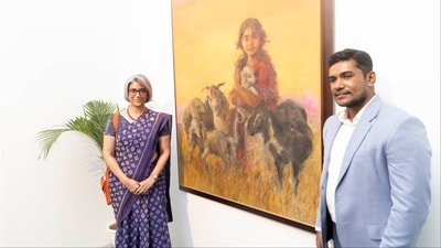 Shanaka Kulathunga with Sri Lankan High Commissioner Ms, Mahishini Colonne. (Credits: HT/Raajessh Kashyap) Shanaka Kulathunga with Sri Lankan High Commissioner Ms, Mahishini Colonne. (Credits: HT/Raajessh Kashyap)