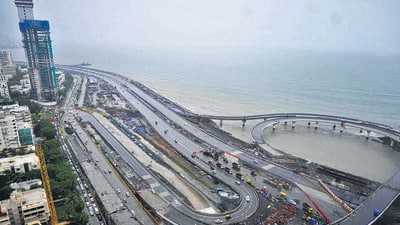 Mumbai, India – July 11, 2024: An aerial view of Dharamveer, Swarajya Rakshik Chhatrapati Sambhaji Maharaj Mumbai Coastal Road Project Phase 3 North route opened for vehicular traffic from 11 July 2024 in Mumbai India, on Thursday, July 11, 2024. (Photo by Bhushan Koyande/HT Photo) Mumbai, India – July 11, 2024: An aerial view of Dharamveer, Swarajya Rakshik Chhatrapati Sambhaji Maharaj Mumbai Coastal Road Project Phase 3 North route opened for vehicular traffic from 11 July 2024 in Mumbai India, on Thursday, July 11, 2024. (Photo by Bhushan Koyande/HT Photo)