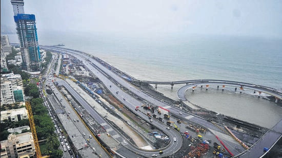 Mumbai, India – July 11, 2024: An aerial view of Dharamveer, Swarajya Rakshik Chhatrapati Sambhaji Maharaj Mumbai Coastal Road Project Phase 3 North route opened for vehicular traffic from 11 July 2024 in Mumbai India, on Thursday, July 11, 2024. (Photo by Bhushan Koyande/HT Photo)