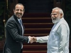 Prime Minister Narendra Modi shakes hands with President of the Republic of Cyprus Nikos Christodoulides at Hyderabad House, in New Delhi.