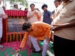 CM Rekha Gupta and MP Manoj Tiwari at the foundation stone laying event. (HT Photo)