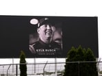 A general view of an LED screen displaying a tribute to Kyle Busch prior to practice for the NASCAR Craftsman Truck Series North Carolina Education Lottery 200 at Charlotte Motor Speedway in Concord, North Carolina.