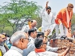 MLA Karnail Singh at the site in Shakur Basti on Friday. (ANI)