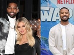 Khole Kardashian with Lamar Odom (L) and Michael B Jordan.
