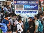Passengers throng a water vending machine on a hot summer day, at Lucknow Charbagh railway station, on Thursday. (ANI Photo) Passengers throng a water vending machine on a hot summer day, at Lucknow Charbagh railway station, on Thursday. (ANI Photo)