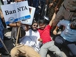 Student activists protests against the National Testing Agency office in Delhi’s Okhla over the NEET paper leak incident. (ANI)