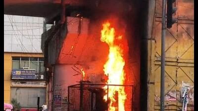 A transformer on fire in Chinhat area of Lucknow. (Sourced) A transformer on fire in Chinhat area of Lucknow. (Sourced)