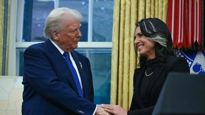 Trump said that Gabbard “rightfully” wanted to be with her husband, Abraham, and said that his administration would “miss her.” (AFP) Trump said that Gabbard “rightfully” wanted to be with her husband, Abraham, and said that his administration would “miss her.” (AFP)