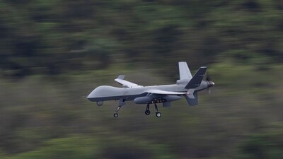 A US Air Force MQ-9 Reaper unmanned aerial vehicle approaches to land at the former Roosevelt Roads naval base in Ceiba, Puerto Rico, April 29, 2026. (REUTERS)