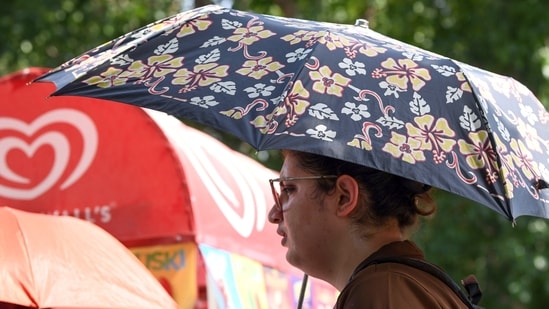 A woman covers herself with an umbrella to protect herself from heatwave, in New Delhi. (Naveen Sharma)