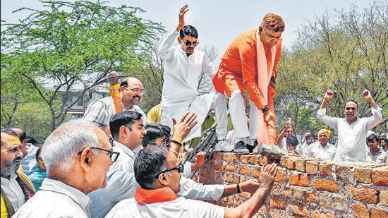 MLA Karnail Singh at the site in Shakur Basti on Friday. (ANI)