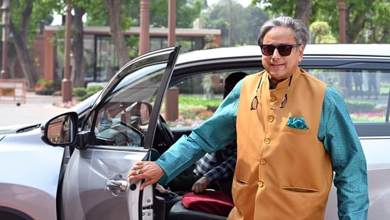 Congress MP Shashi Tharoor arrives at Parliament Premises during the ongoing budget session, in New Delhi. (ANI)
