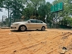 A worn-out road in Mohali. Sights like this are common across the city, making roads difficult to navigate, especially for two-wheelers. (Ravi Kumar/HT)